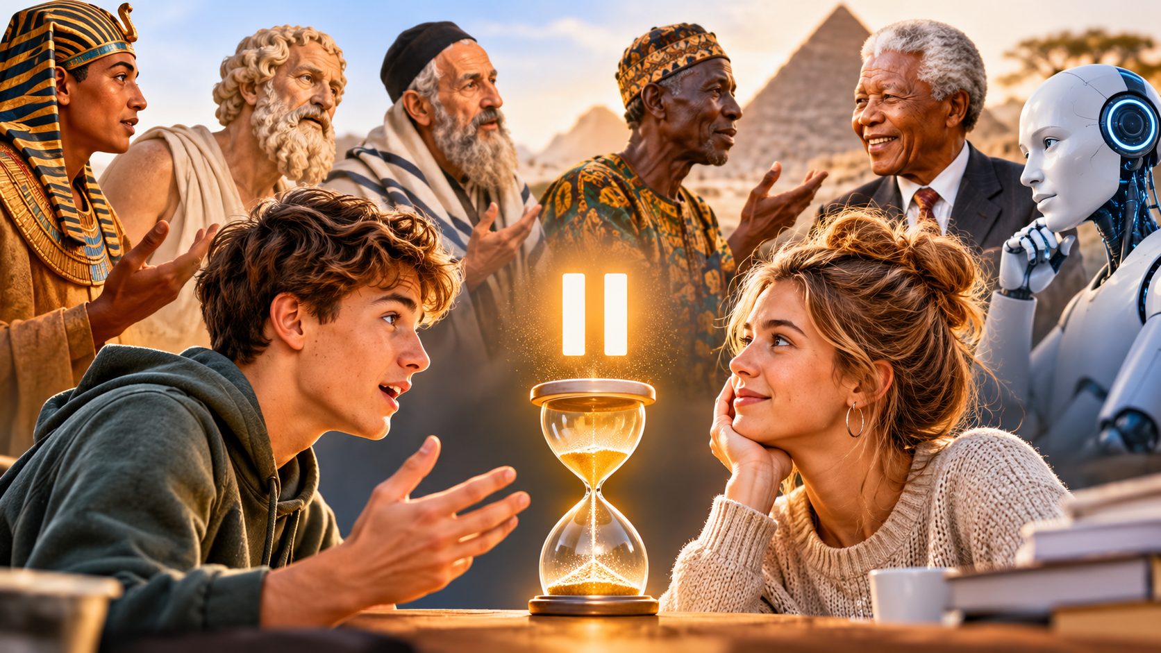 Titelbild des Essays: Zwei junge Menschen im Gespräch, zwischen ihnen eine Sanduhr unter einem leuchtenden Pausenzeichen; im Hintergrund Gestalten aus vielen Zeiten und Kulturen und ein Roboter.