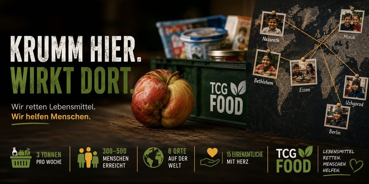 TCG-Food: ein krummer Apfel vor einer Lebensmittelkiste, daneben eine Weltkarte mit Fotos aus Nazareth, Minsk, Bethlehem, Essen, Uzhgorod und Berlin