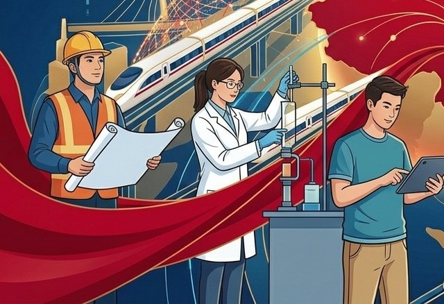 Illustration: Bauarbeiter, Forscherin und junger Mann mit Tablet vor Schnellzügen