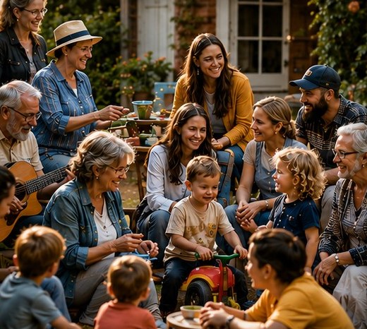 Mehrere Generationen sitzen fröhlich im Garten zusammen, Kinder mittendrin