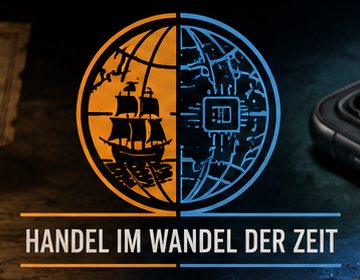 Logo Handel im Wandel der Zeit: Globus halb Segelschiff, halb Mikrochip