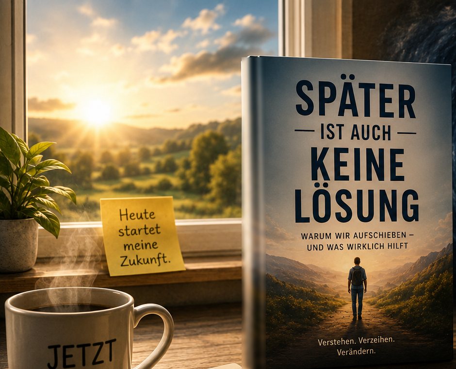 Buch „Später ist auch keine Lösung“ vor einem Fenster mit Sonnenaufgang, davor eine Tasse „Jetzt zählt.“