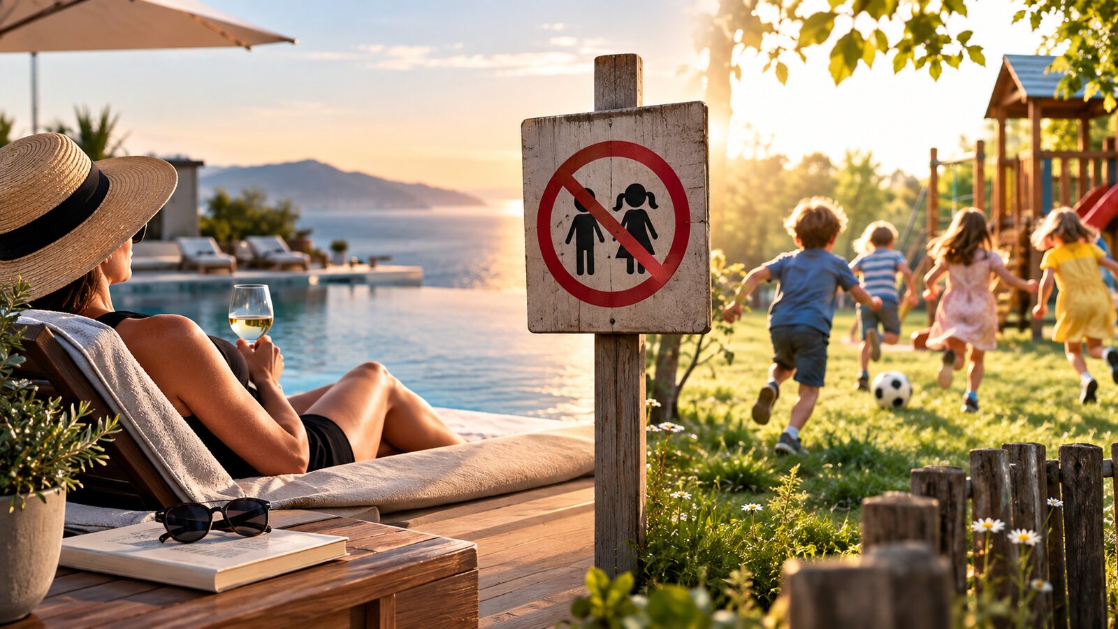 Liegestuhl am Pool, daneben ein Schild mit durchgestrichenen Kindern; dahinter spielen Kinder auf einer Wiese