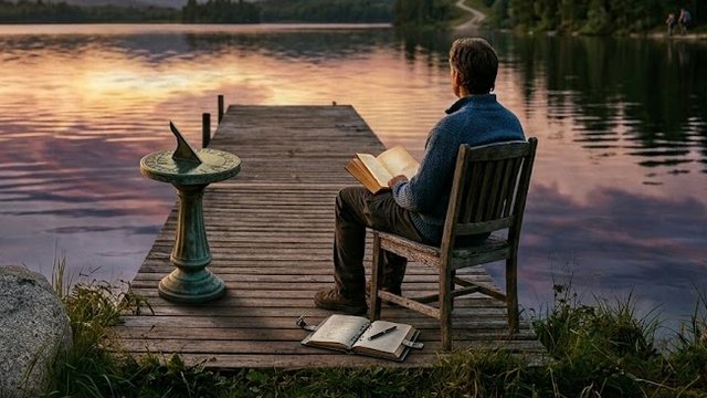 Mann auf einem Steg am See mit Buch, daneben eine Sonnenuhr, im Hintergrund ein Gewitter