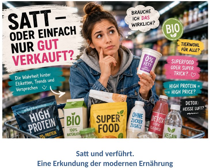 Titelbild des Essays „Satt und verführt“: junge Frau im Supermarkt vor Packungen mit Werbeversprechen